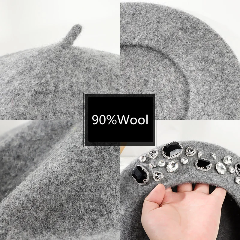 Beret French Wool - Béret français épais en strass, décor
